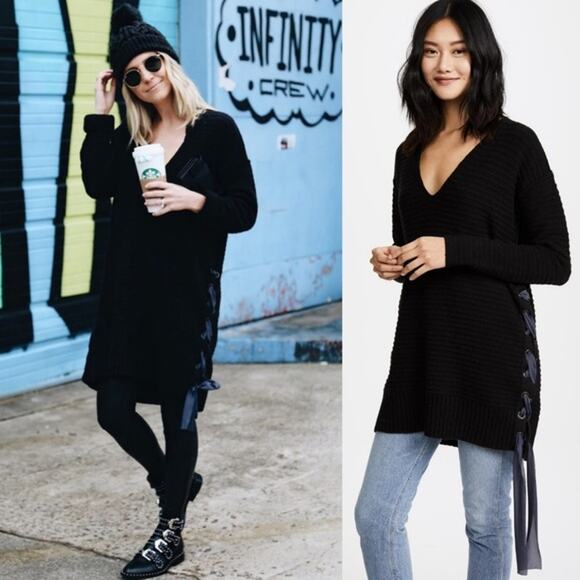 Free People Heart It Laces Black Sweater Size Large Oversize V-Neck Tunic Top - Picture 1 of 5